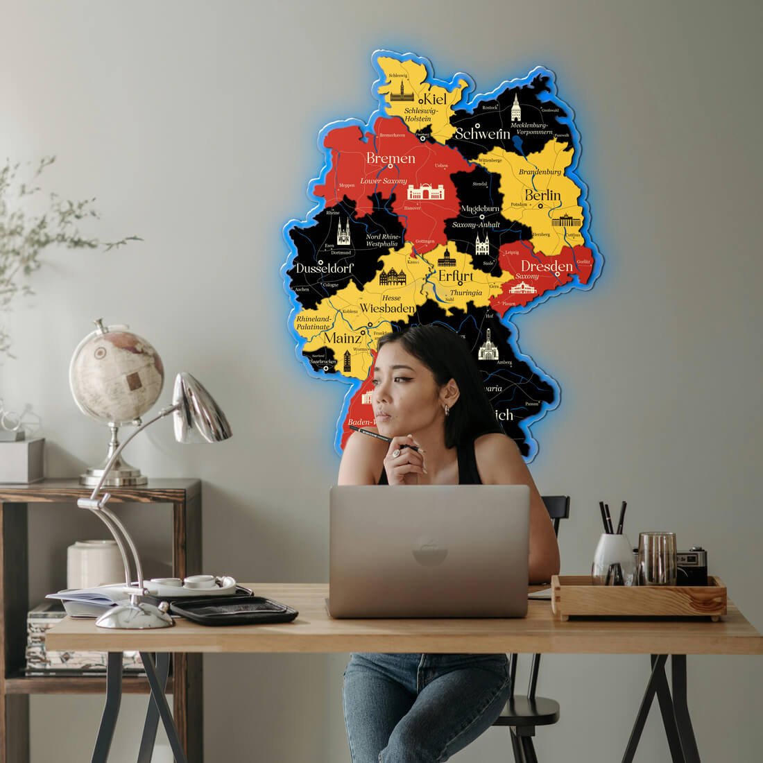 3D LED Germany Wooden Map - Flag Colors - JustLikeWood