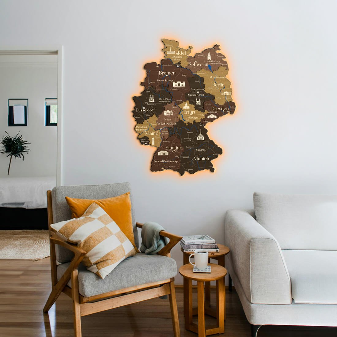 3D LED Germany Wooden Map - Oak & Cypress - JustLikeWood