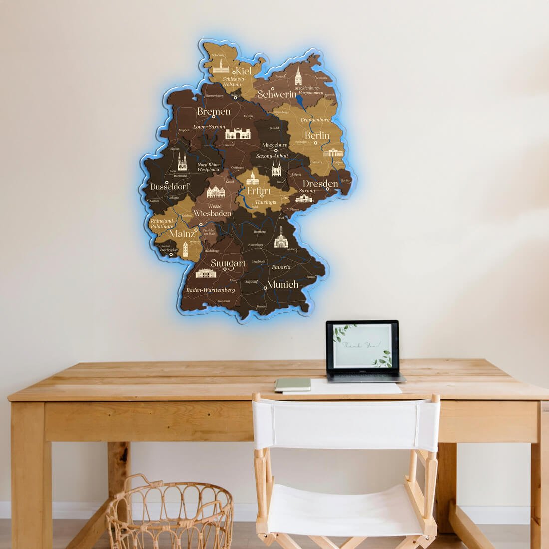 3D LED Germany Wooden Map - Oak & Cypress - JustLikeWood