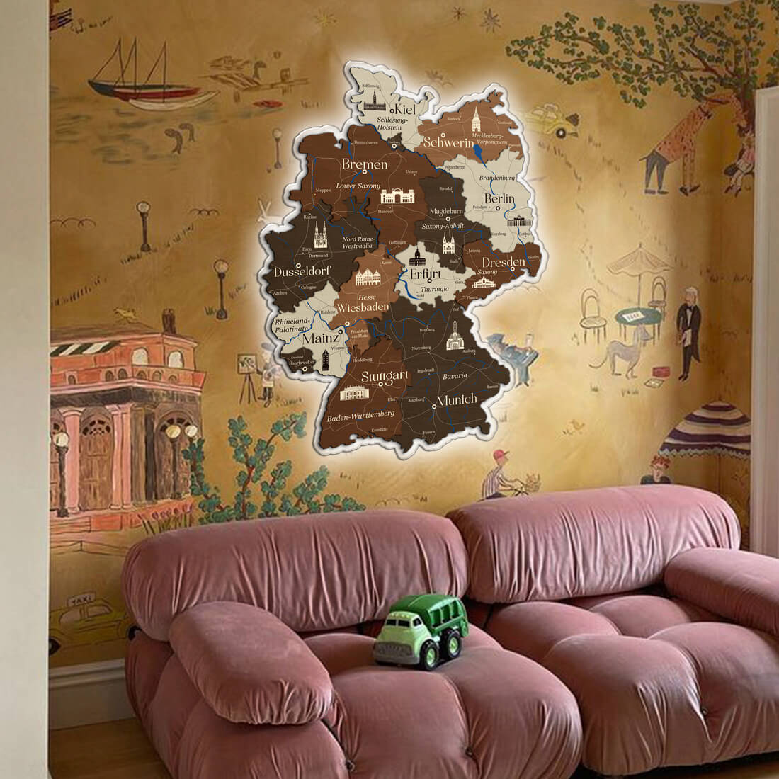 3D LED Germany Wooden Map - Walnut & Rosewood - JustLikeWood