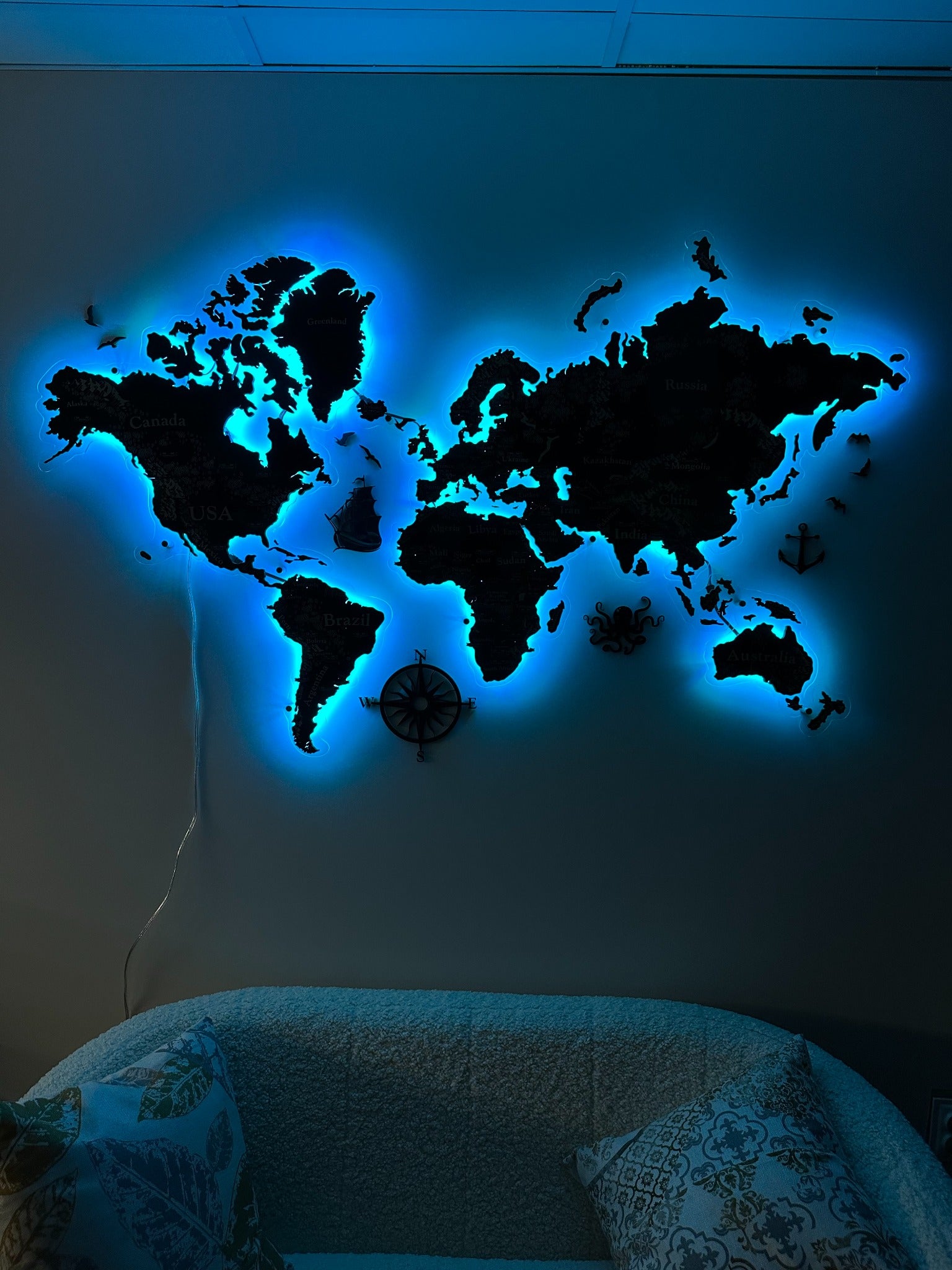 3D LED World Map Standart in light grey is not just a piece of interior — it's a work of art that brings character to your space