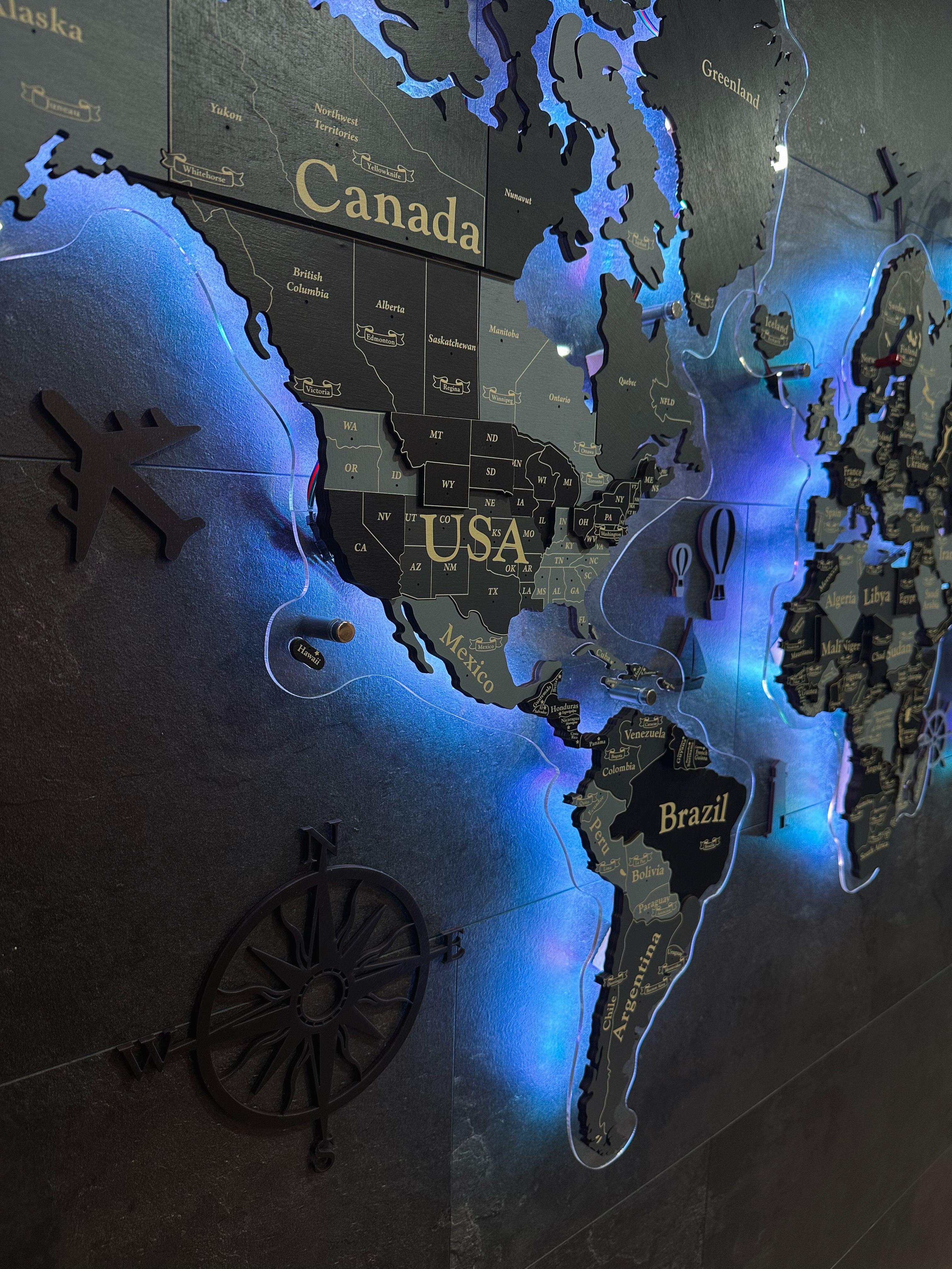 3D LED World Map Standart in light grey is not just a piece of interior — it's a work of art that brings character to your space