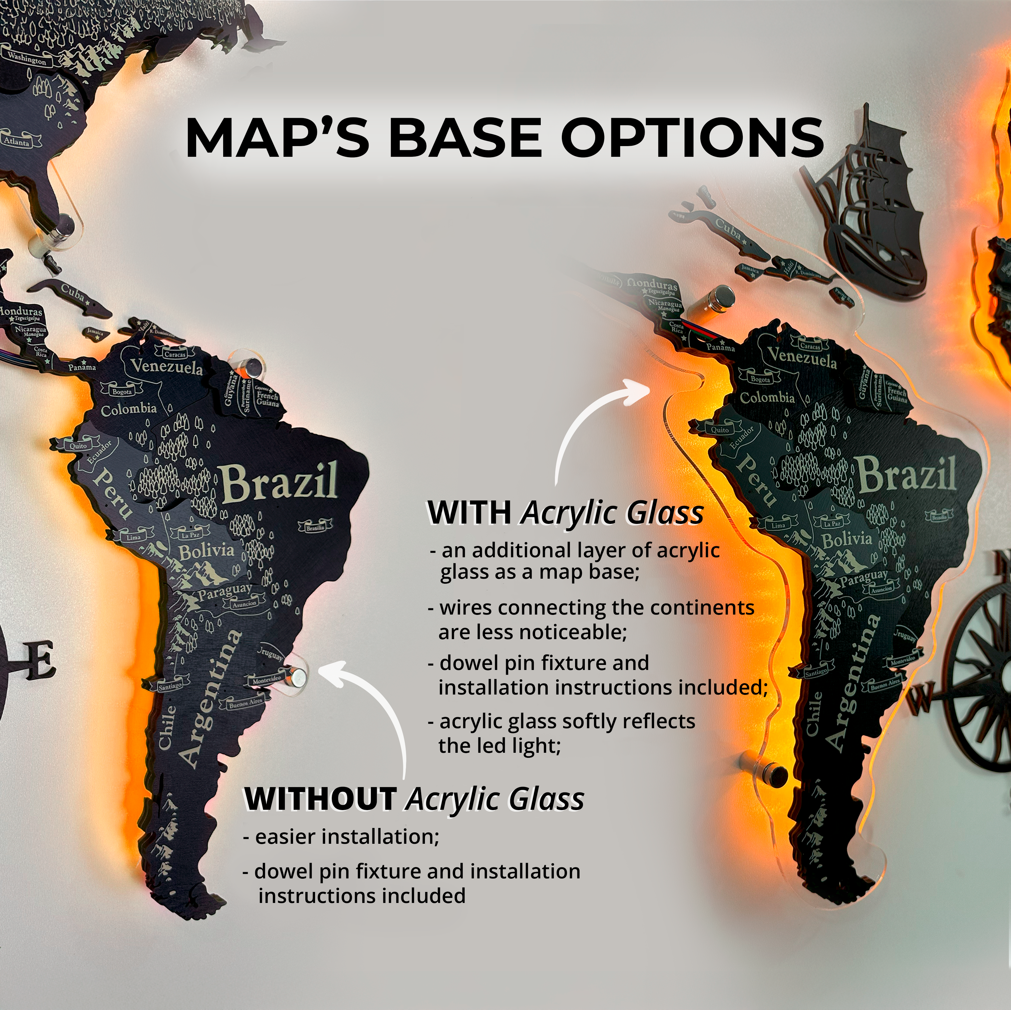 3D LED Wooden World Map Perfect World - Dark Grey