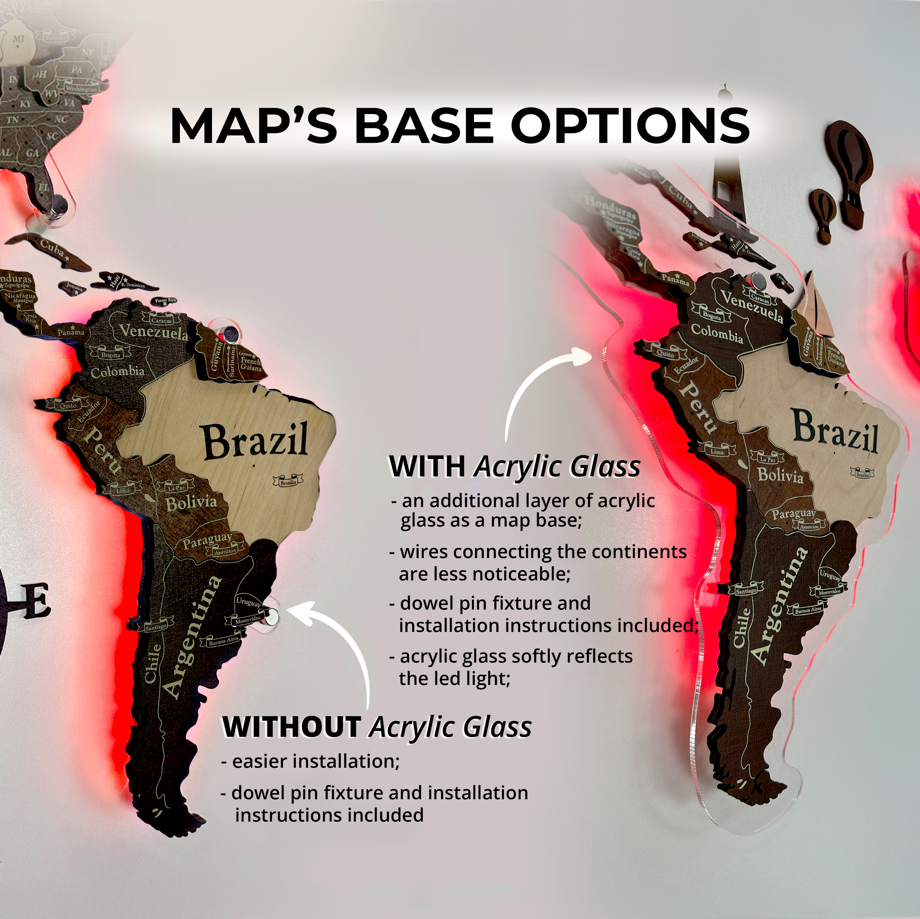 3D LED Wooden World Map Standart - Grey with Brown