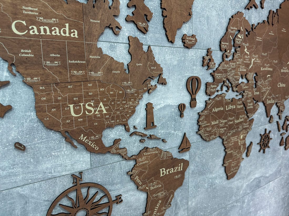 2D Wooden World Map (Standart) - Light Walnut