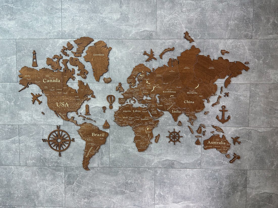 2D Wooden World Map (Standart) - Light Walnut