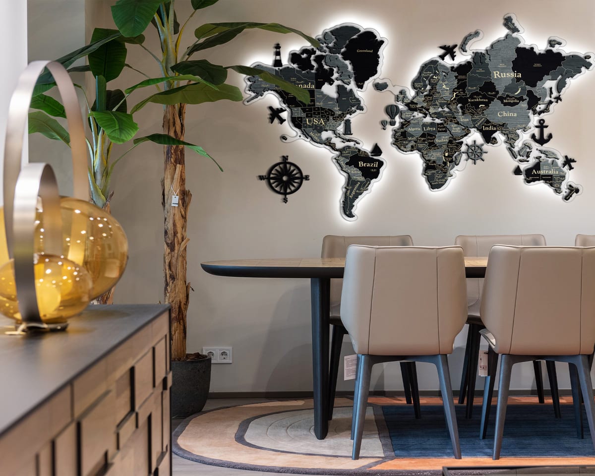 3D LED World Map Standart in light grey is not just a piece of interior — it's a work of art that brings character to your space