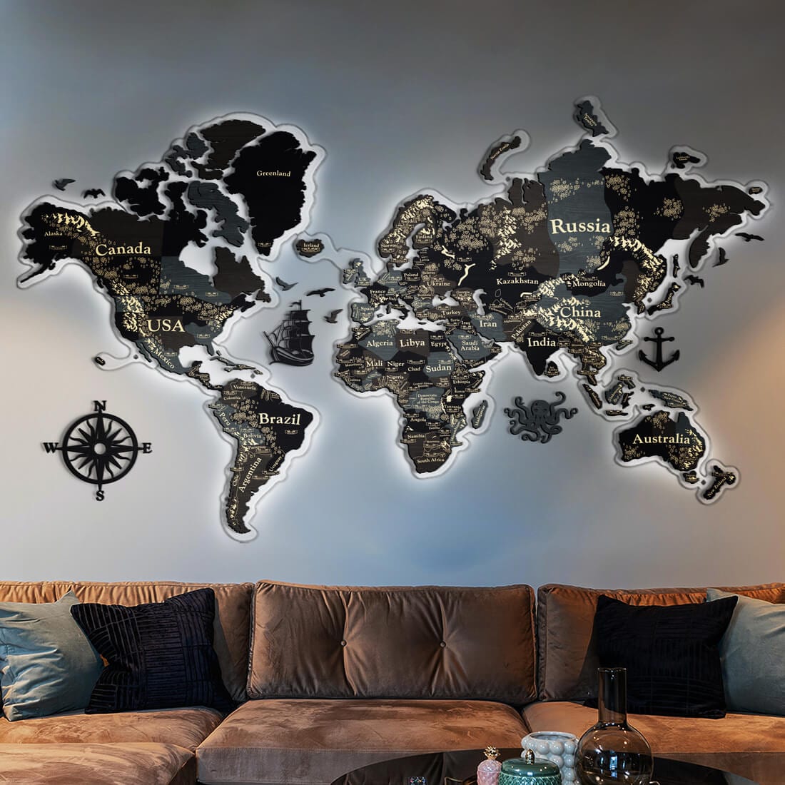 3D LED Wooden World Map Perfect World - Dark Grey
