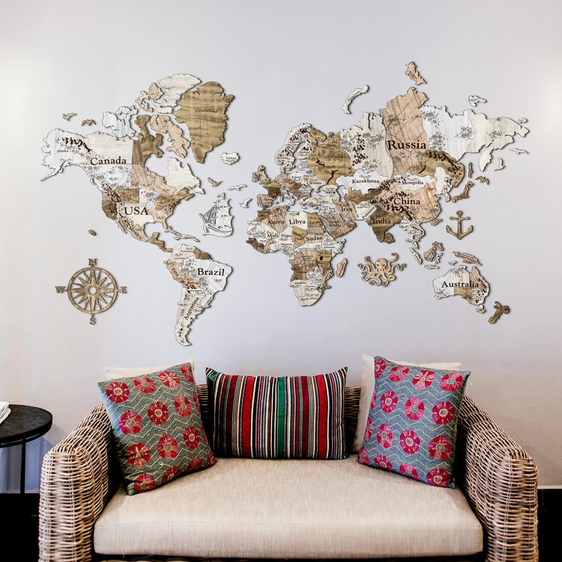3D Colored Wooden World Map (Perfect World) - White Wood