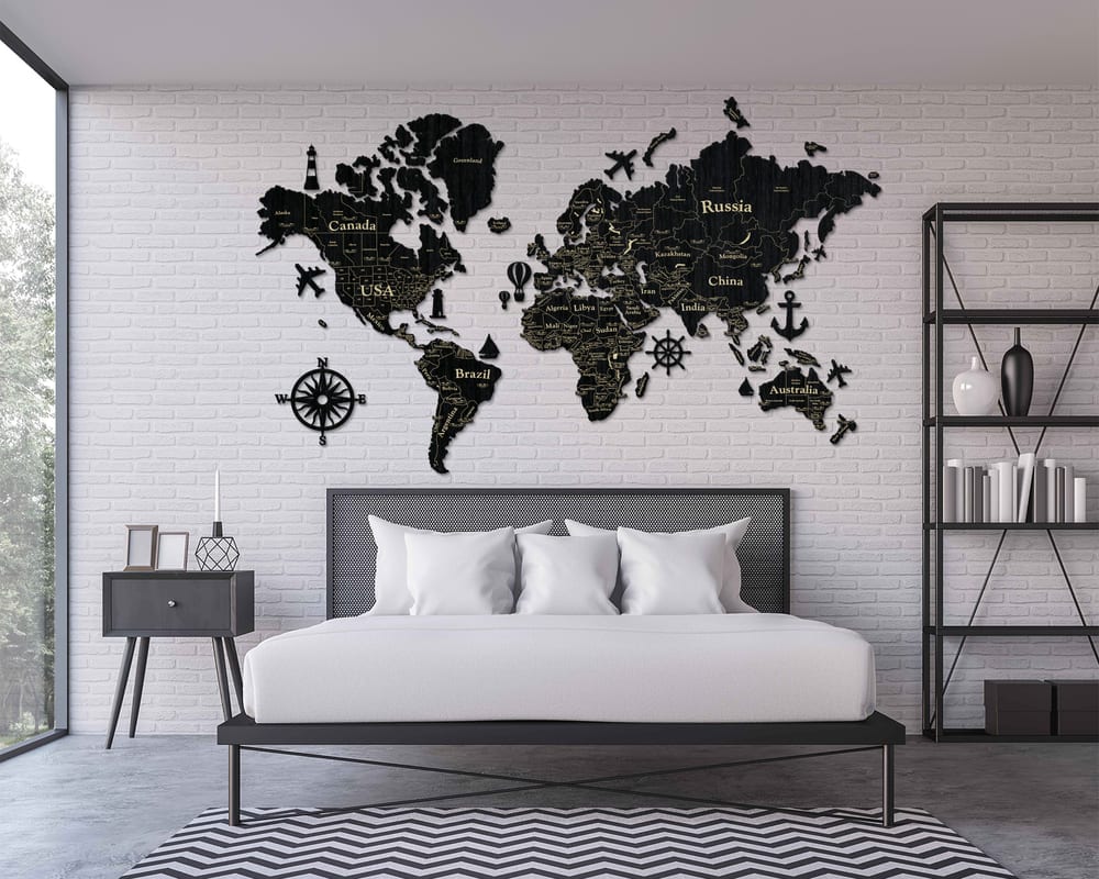 2D Wooden World Map (Standart) - Black