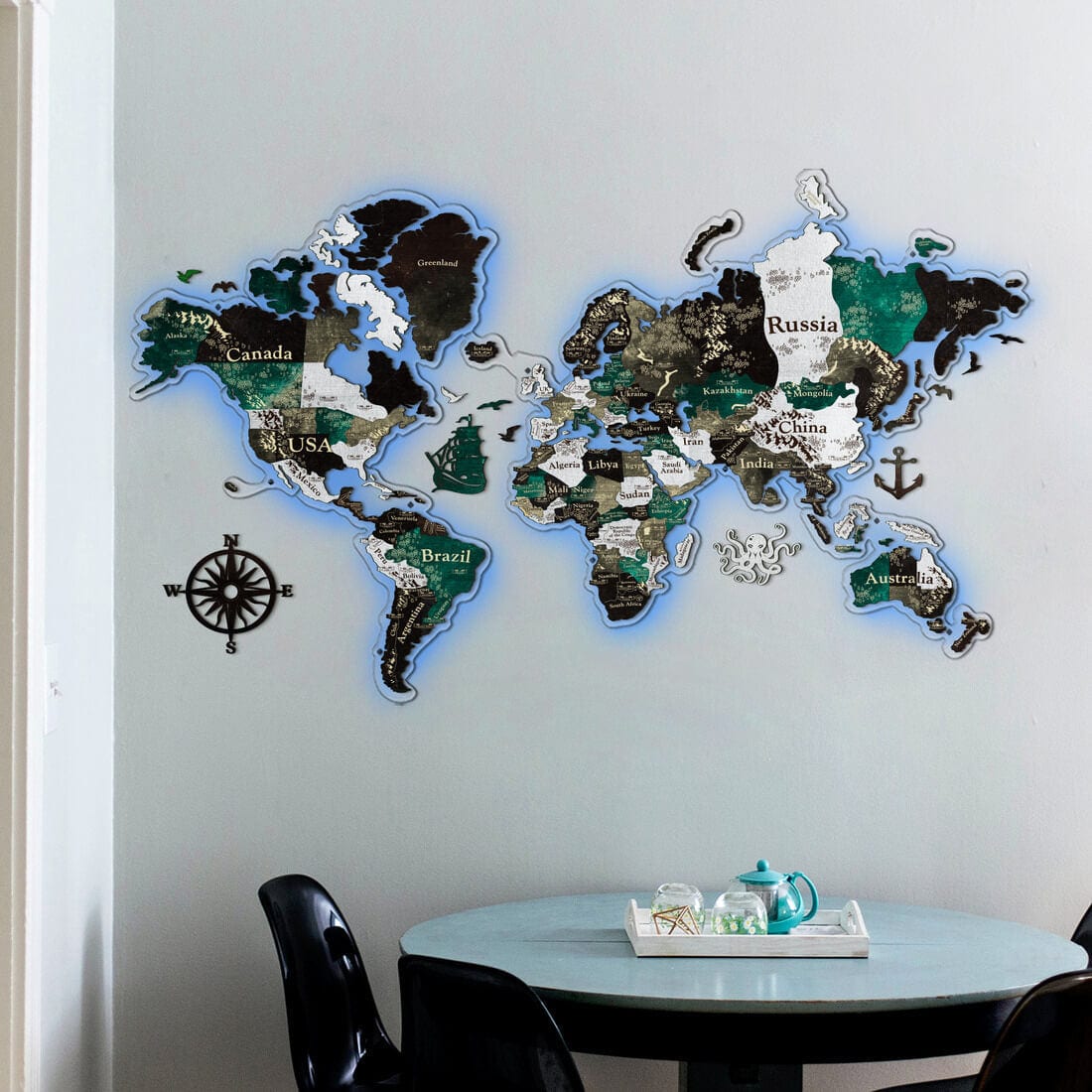 3D LED Colored Wooden World Map (Perfect World) - Emerald Green