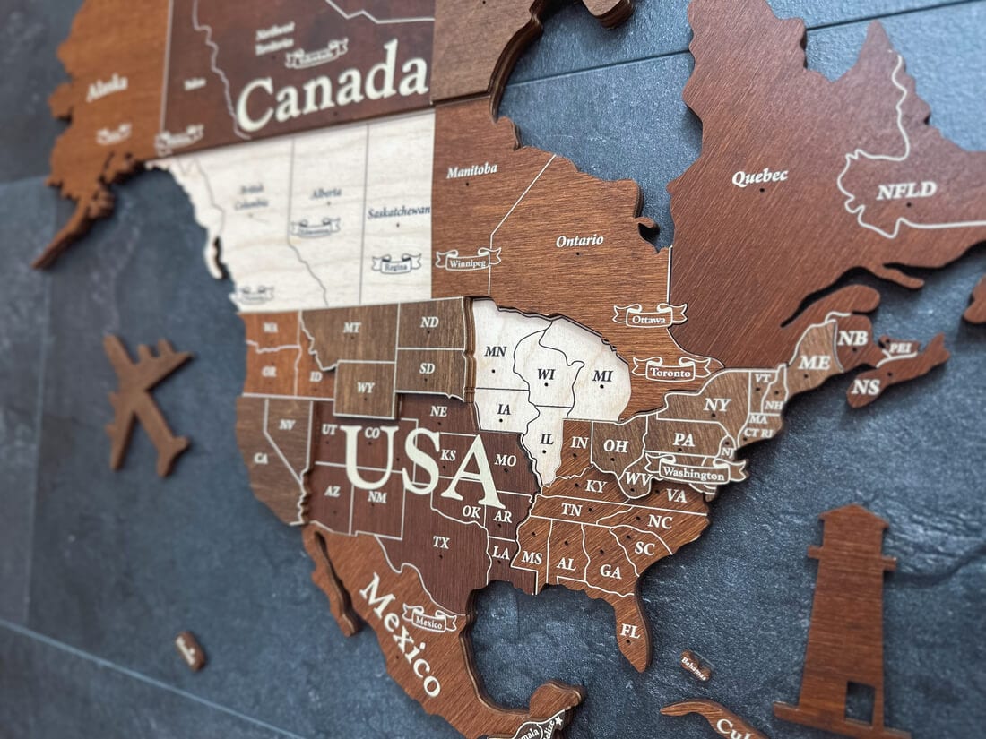 3D Wooden World Map (Standart) - Walnut & Rosewood