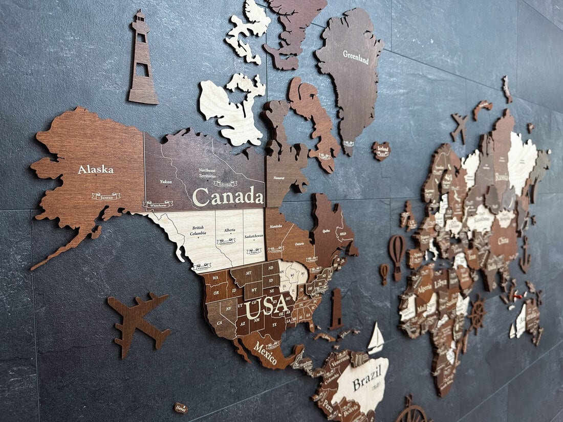 3D Wooden World Map (Standart) - Walnut & Rosewood