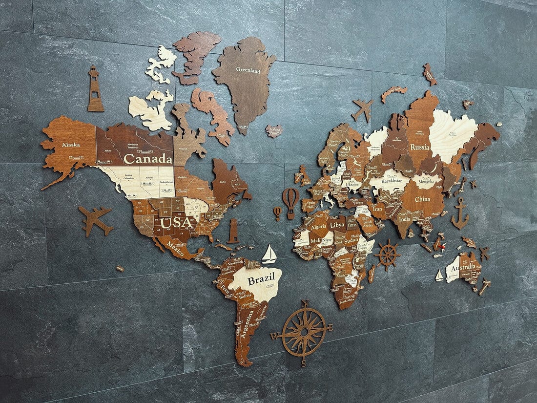 3D Wooden World Map (Standart) - Walnut & Rosewood