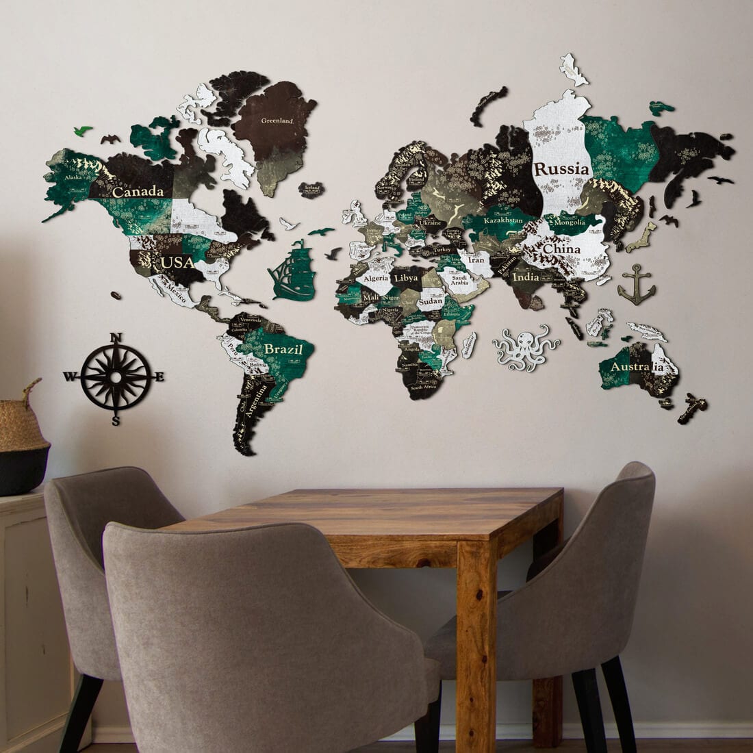 3D Colored Wooden World Map (Perfect World) - Emerald Green