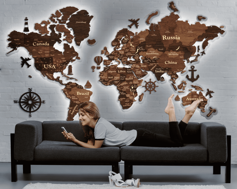 3D LED Wooden World Map Standart - Cypress