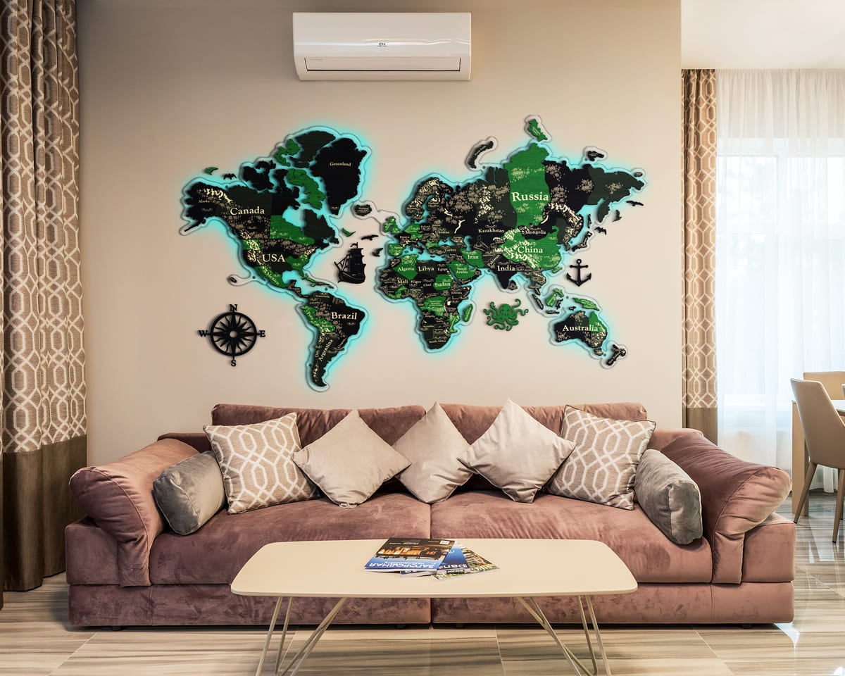 3D LED Wooden World Map Perfect World - Grey with Green