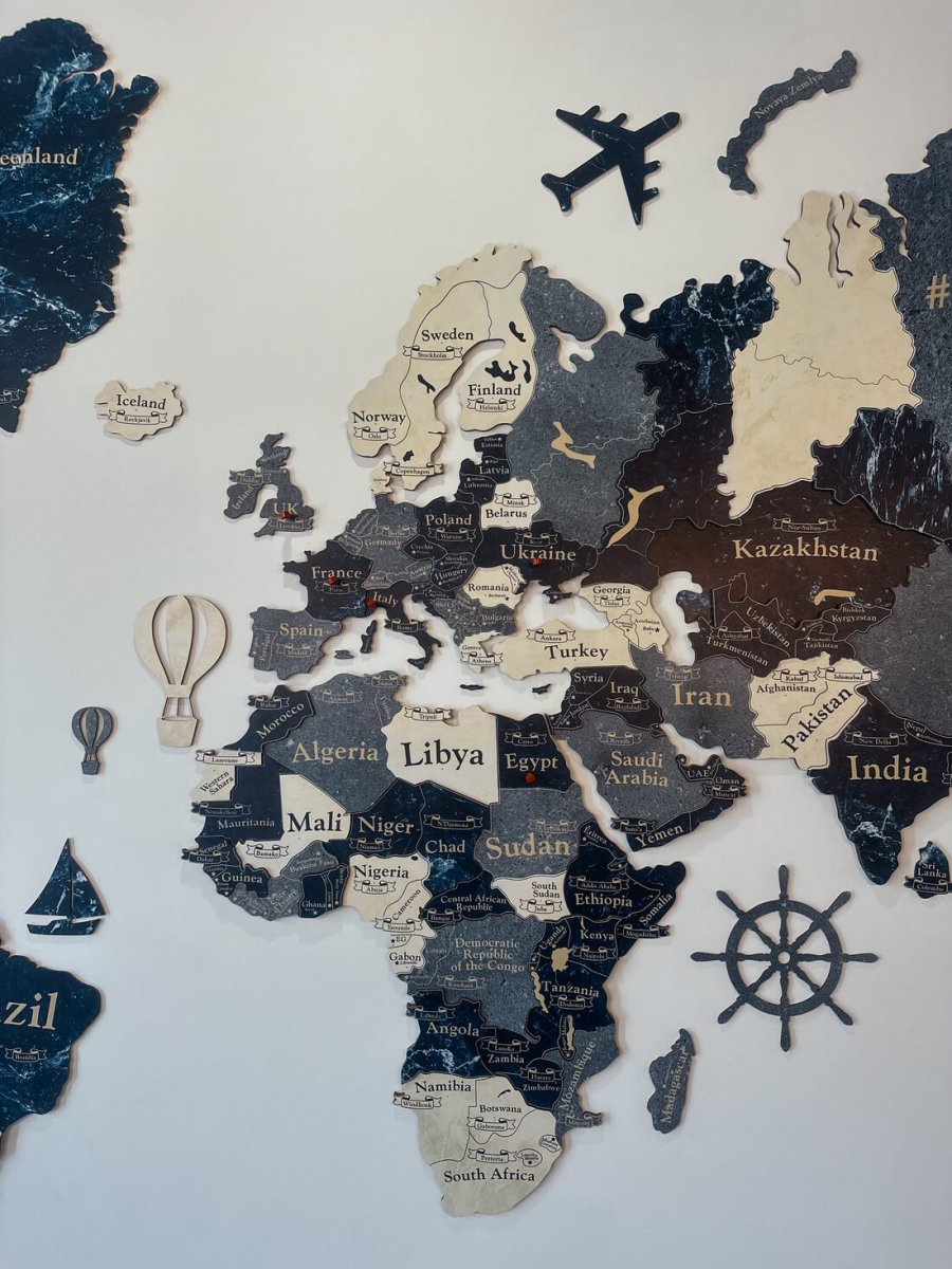 3D Colored Wooden World Map (Standart) - Sapphire Blue - JustLikeWood