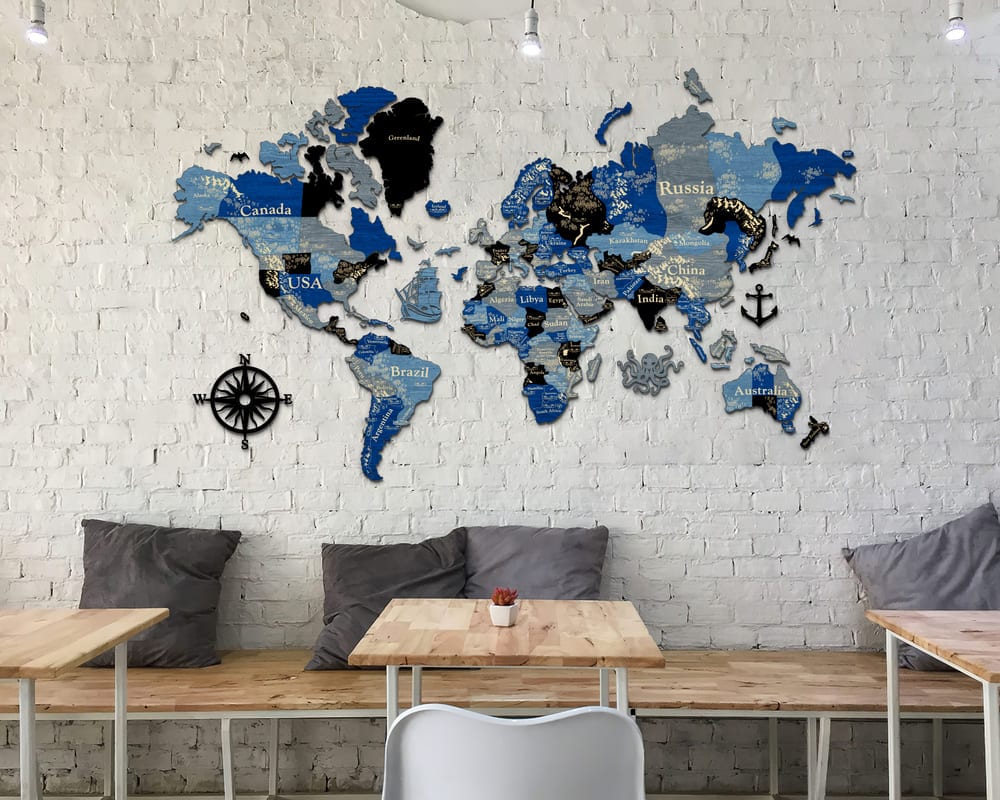 3D Wooden World Map (Perfect World) - Blue & Grey – JustLikeWood
