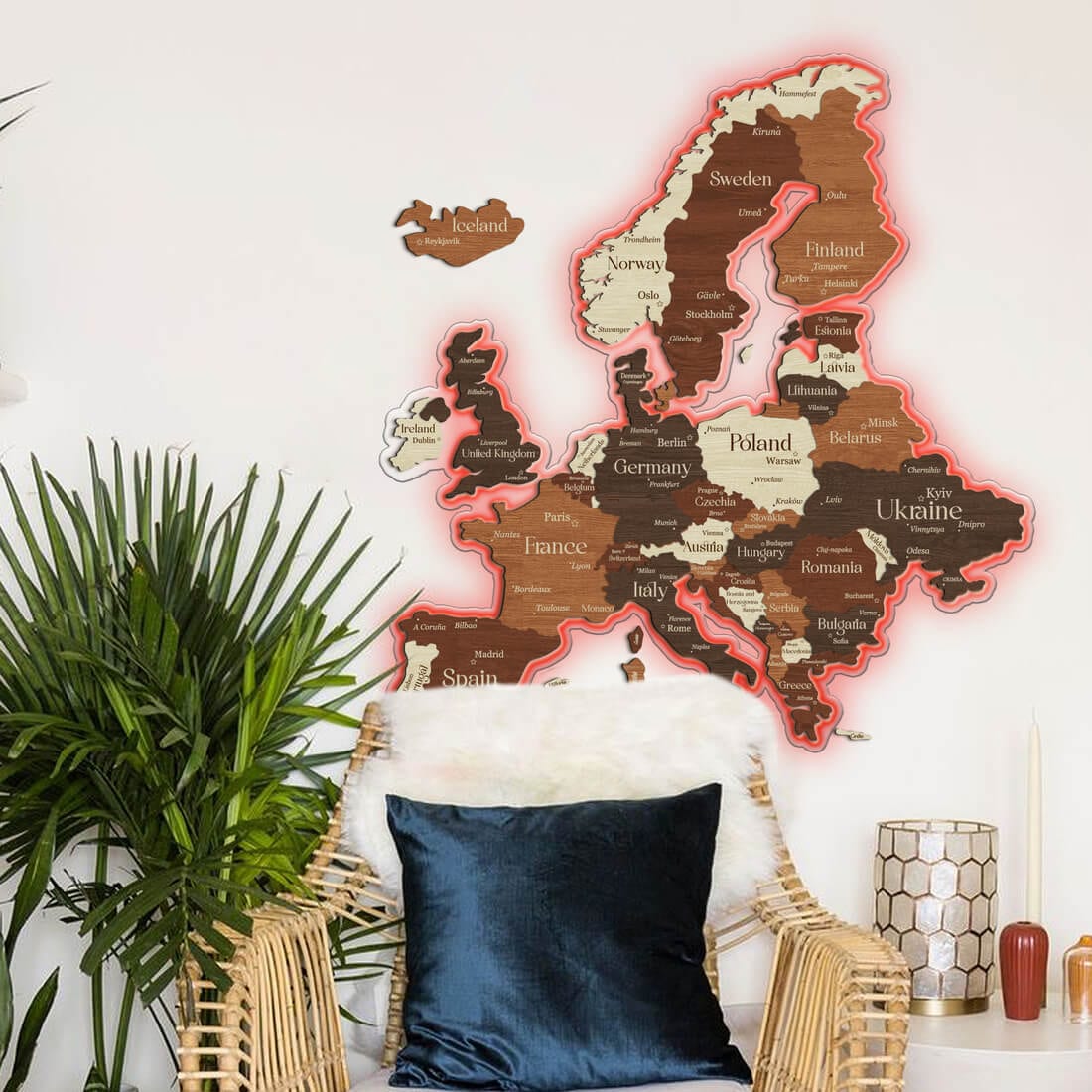 3D LED Europe Wooden Map - Walnut & Rosewood