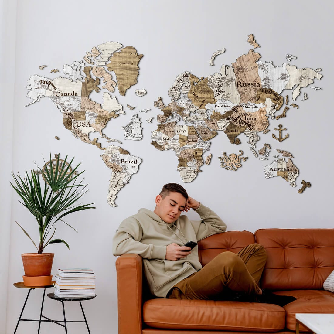 3D Colored Wooden World Map (Perfect World) - White Wood