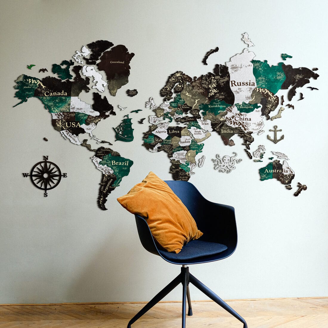 3D Colored Wooden World Map (Perfect World) - Emerald Green