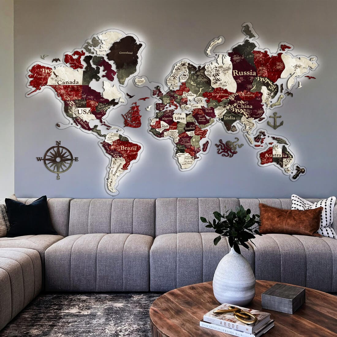 3D LED Colored Wooden World Map (Perfect World) - Ruby Red