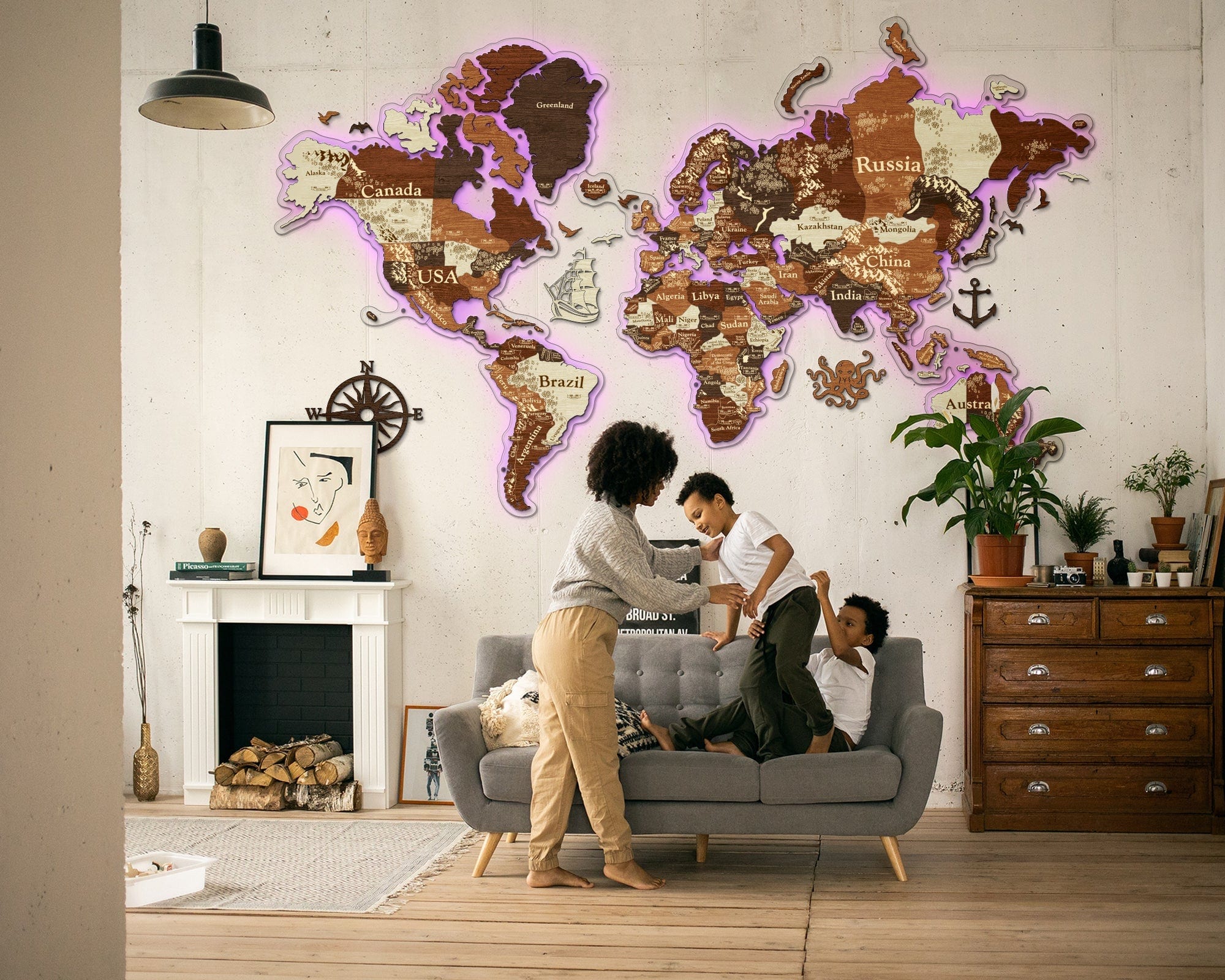 3D LED Wooden World Map Perfect World - Walnut & Rosewood