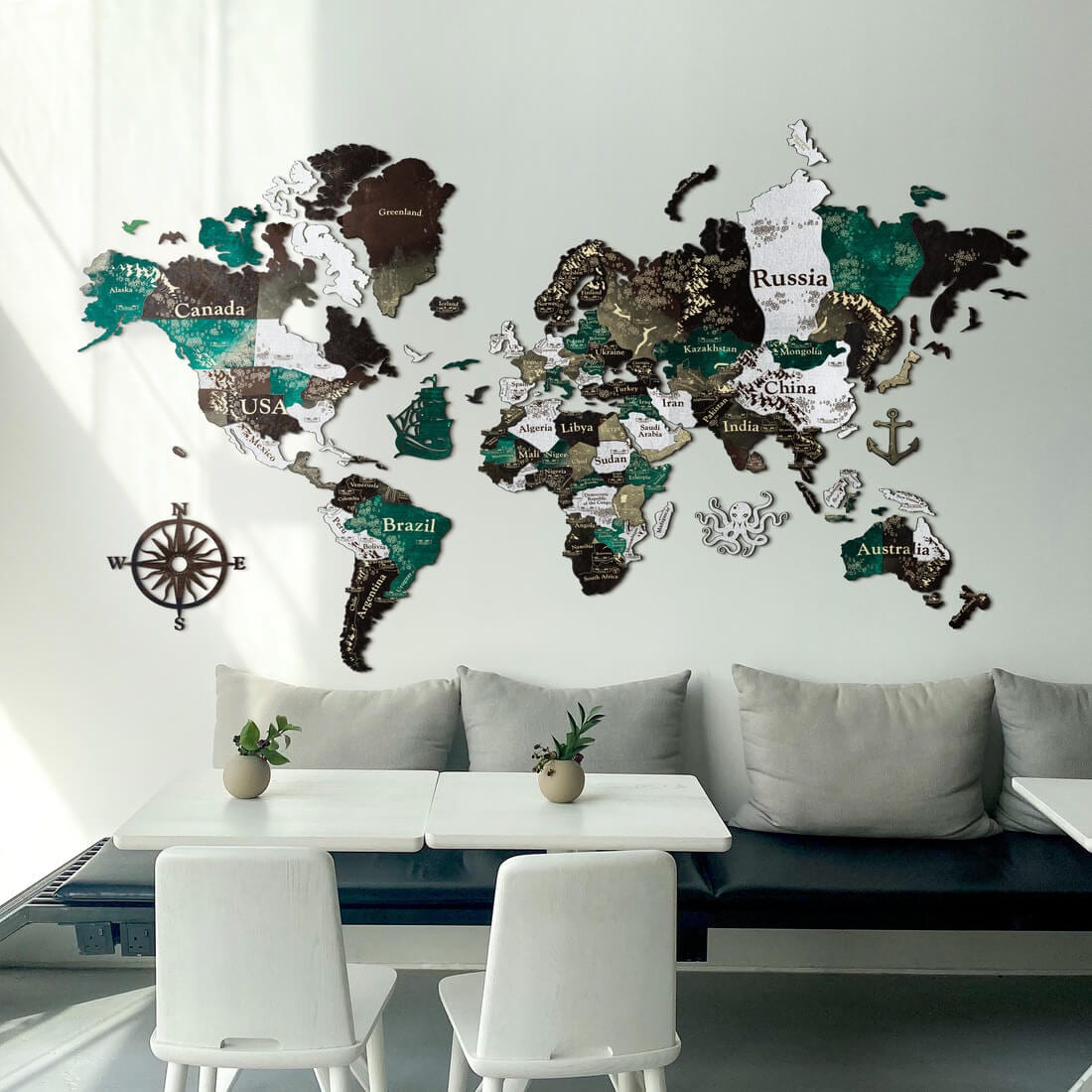 3D Colored Wooden World Map (Perfect World) - Emerald Green