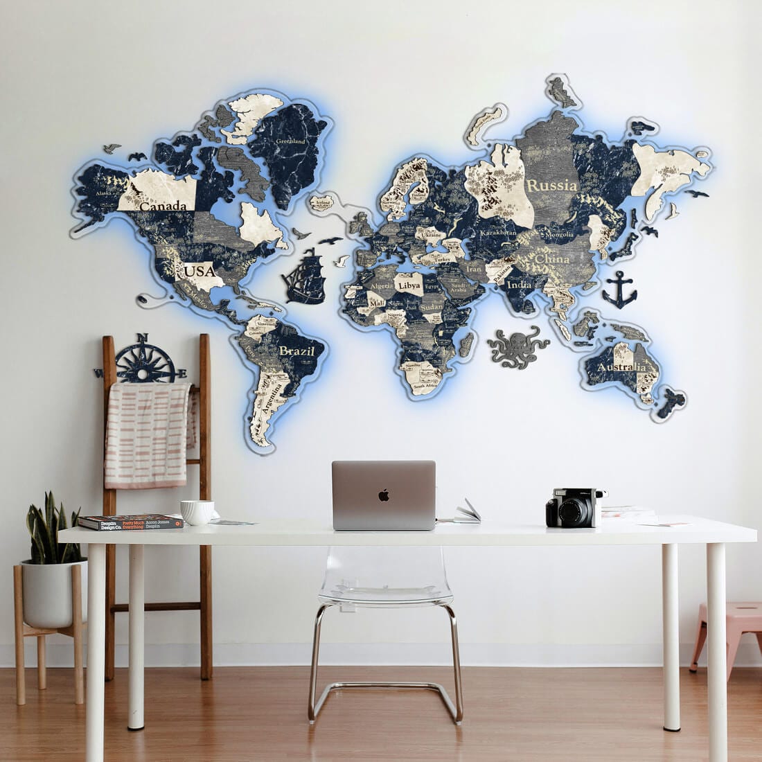 3D LED Colored Wooden World Map (Perfect World) - Sapphire Blue