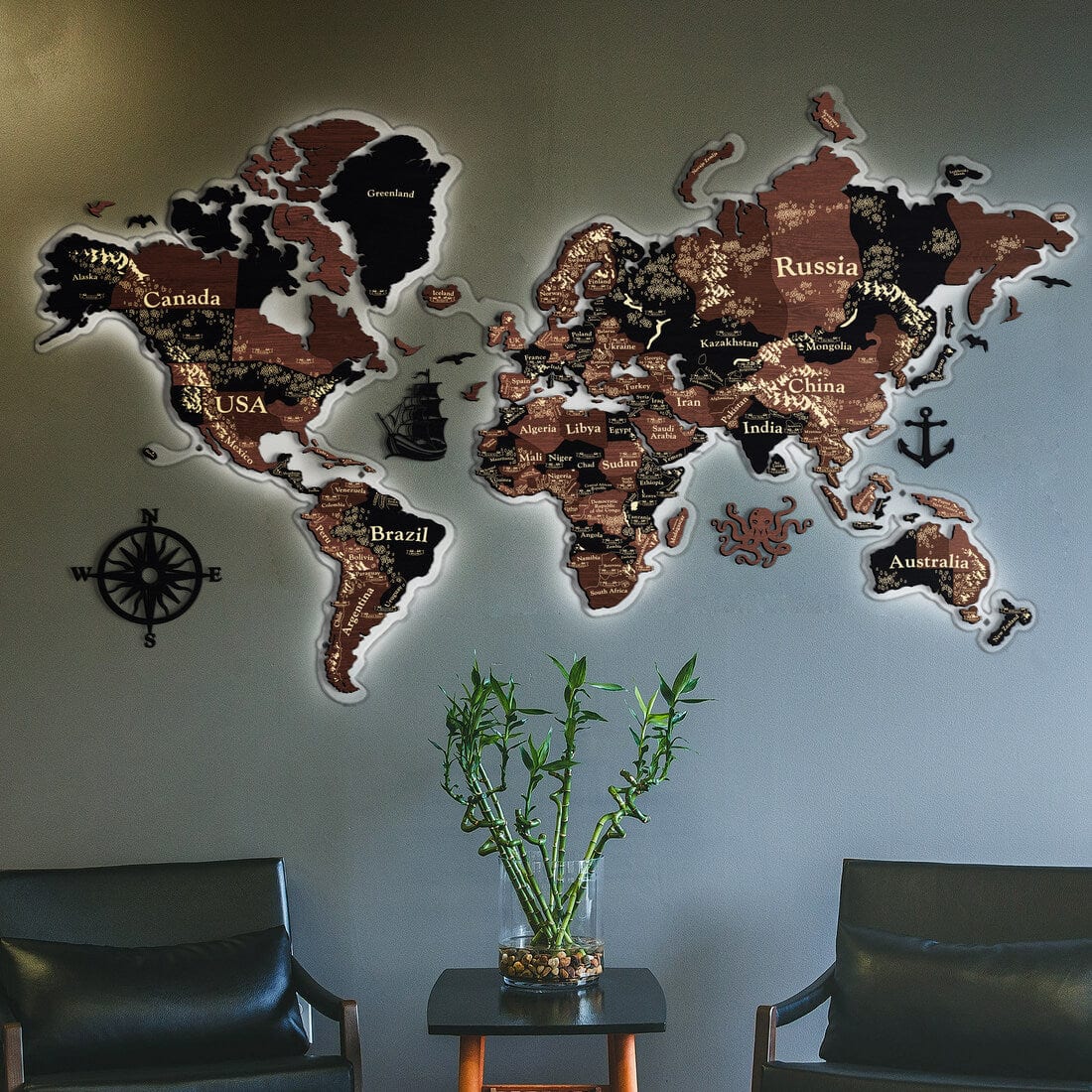 3D LED Wooden World Map Perfect World - Grey with Brown
