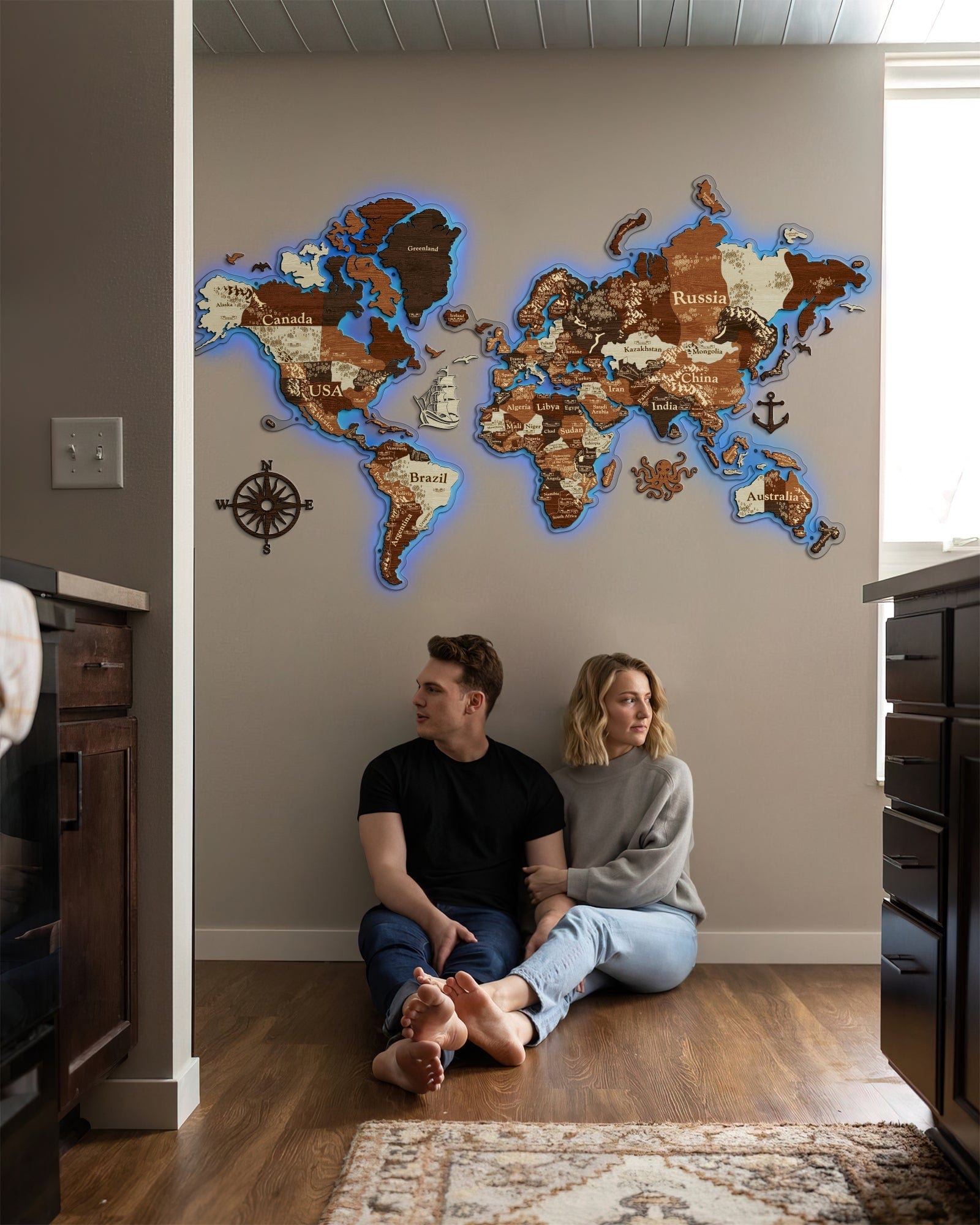3D LED Wooden World Map Perfect World - Walnut & Rosewood