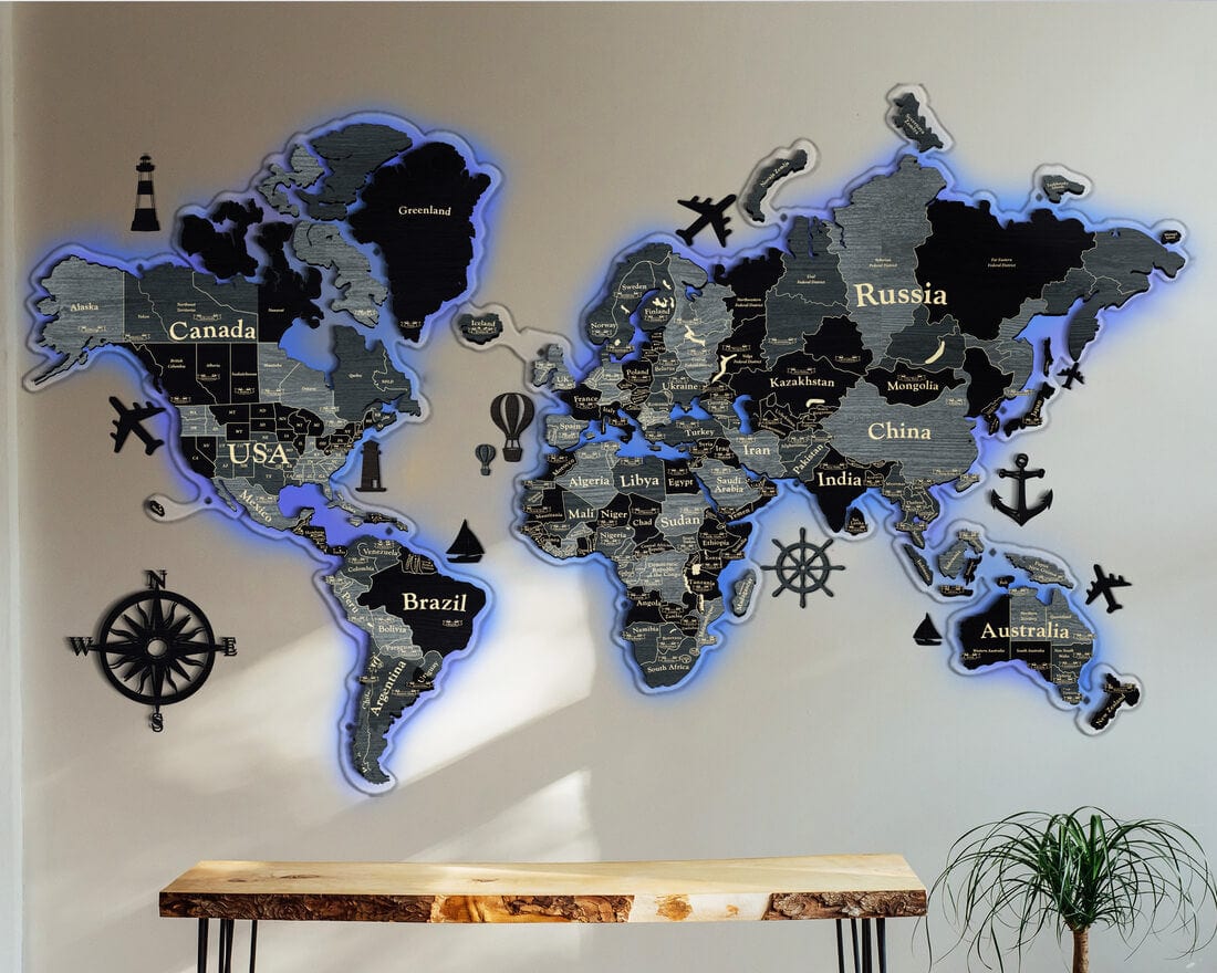 3D LED World Map Standart in light grey is not just a piece of interior — it's a work of art that brings character to your space
