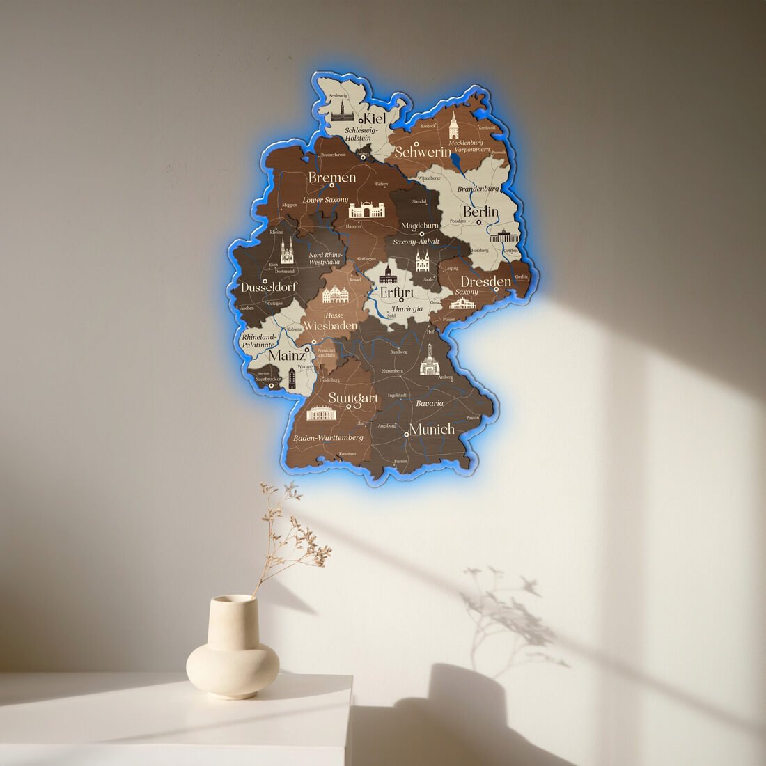 3D LED Germany Wooden Map - Walnut & Rosewood - JustLikeWood