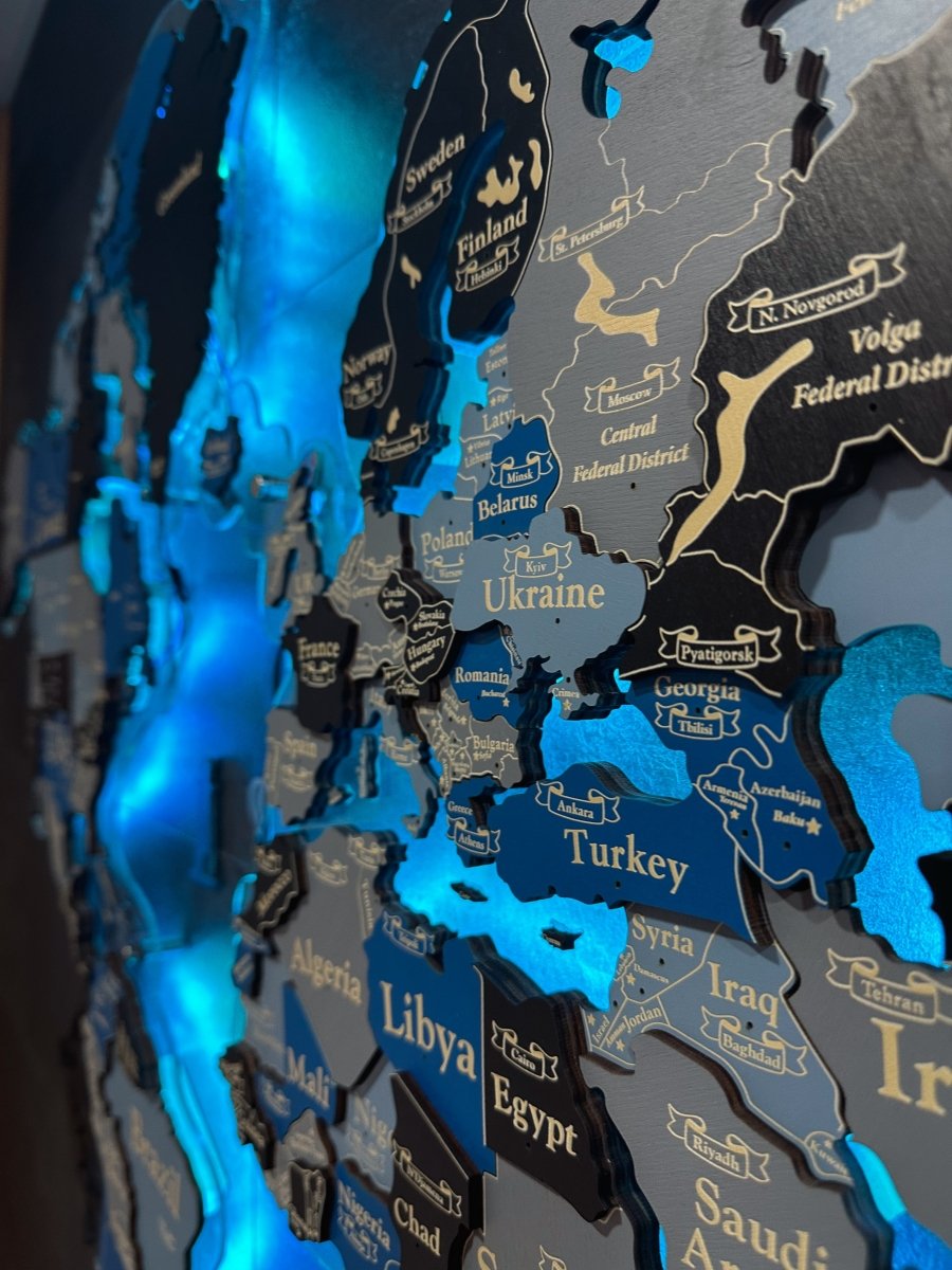 3D LED Wooden World Map Standart - Blue & grey - JustLikeWood