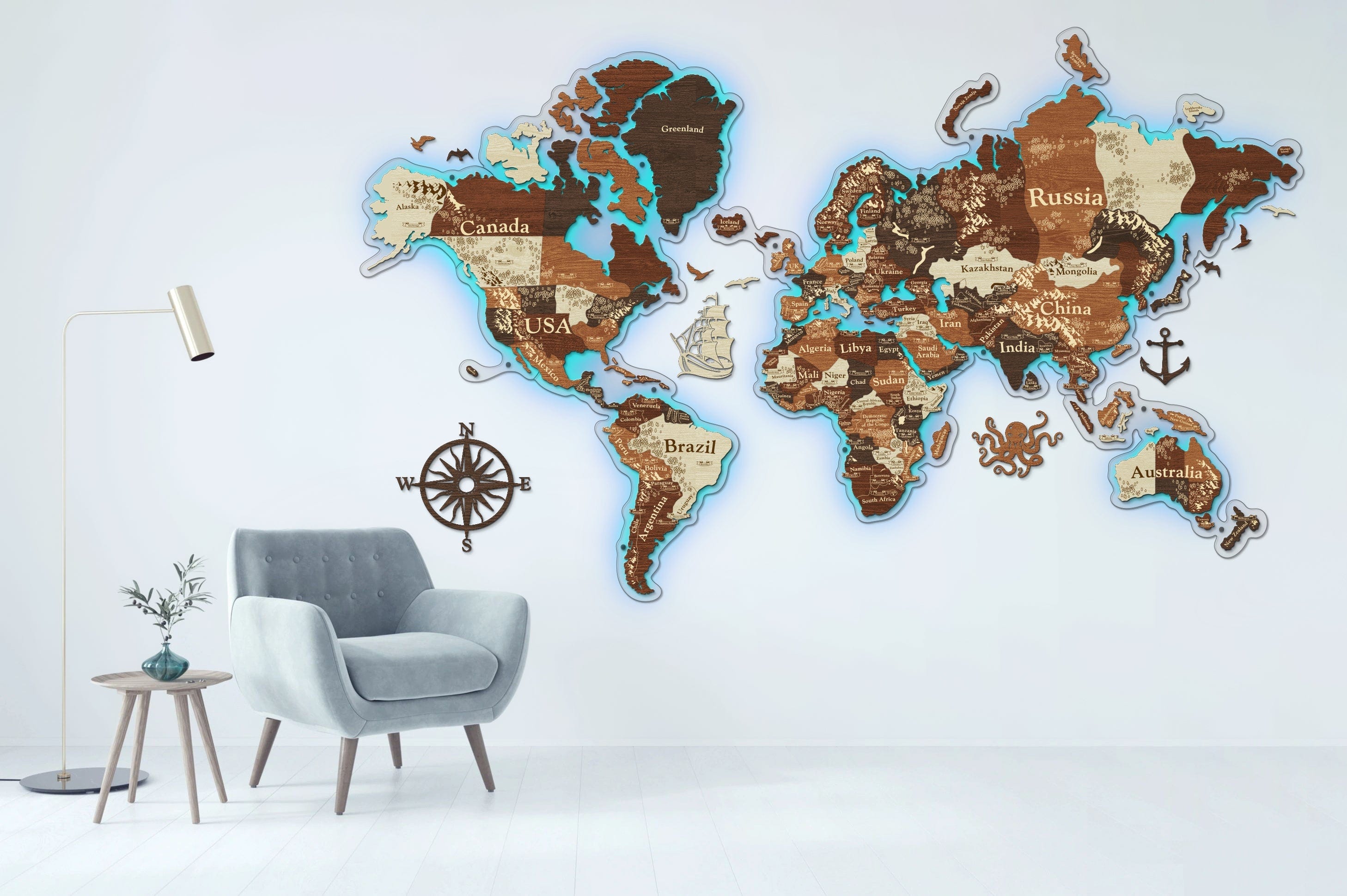 3D LED Wooden World Map Perfect World - Walnut & Rosewood