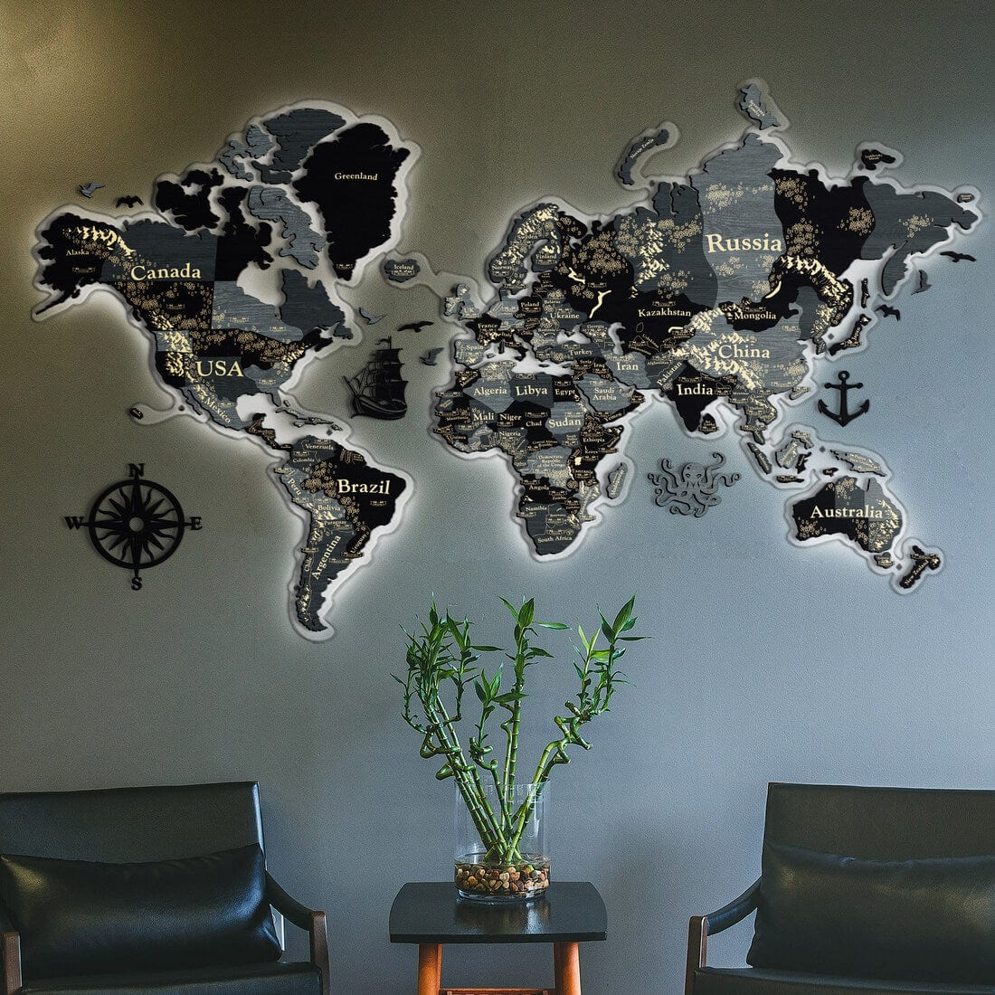 3D LED Wooden World Map Perfect World - Light Grey