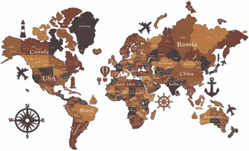 3D Wooden World Map (Standart) - Walnut & Wenge