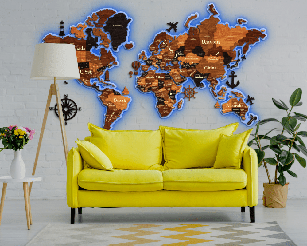 3D LED Wooden World Map Standart - Walnut & Wenge