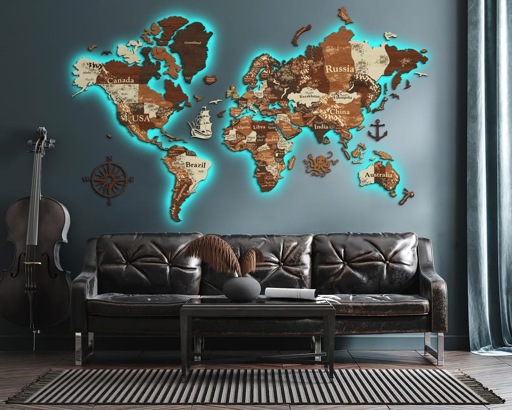 3D LED Wooden World Map Perfect World - Walnut & Rosewood