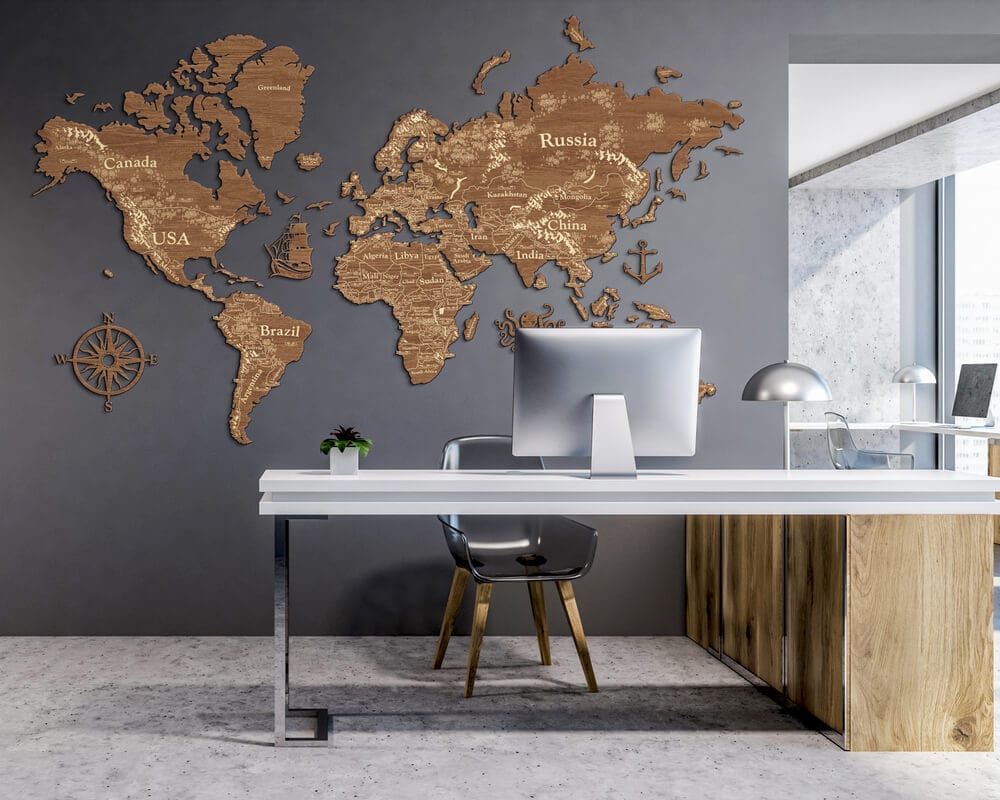 2D Wooden World Map (Perfect World) - Light Walnut