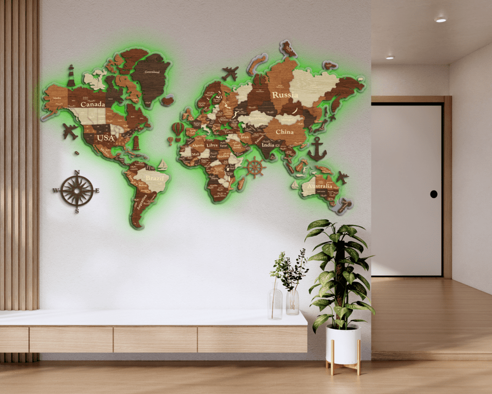 3D LED Wooden World Map Standart - Walnut & Rosewood
