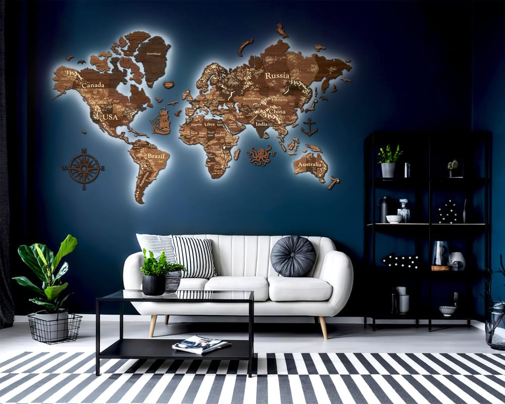 3D Wooden World Map Backlit Super Multicolor LED  World map wall art,  World map wall decor, Map wall art