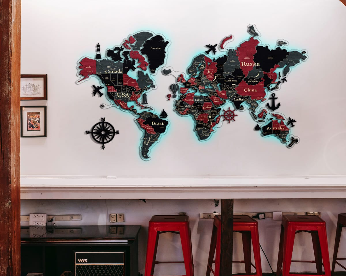 3D LED Wooden World Map Standart - Grey with Red