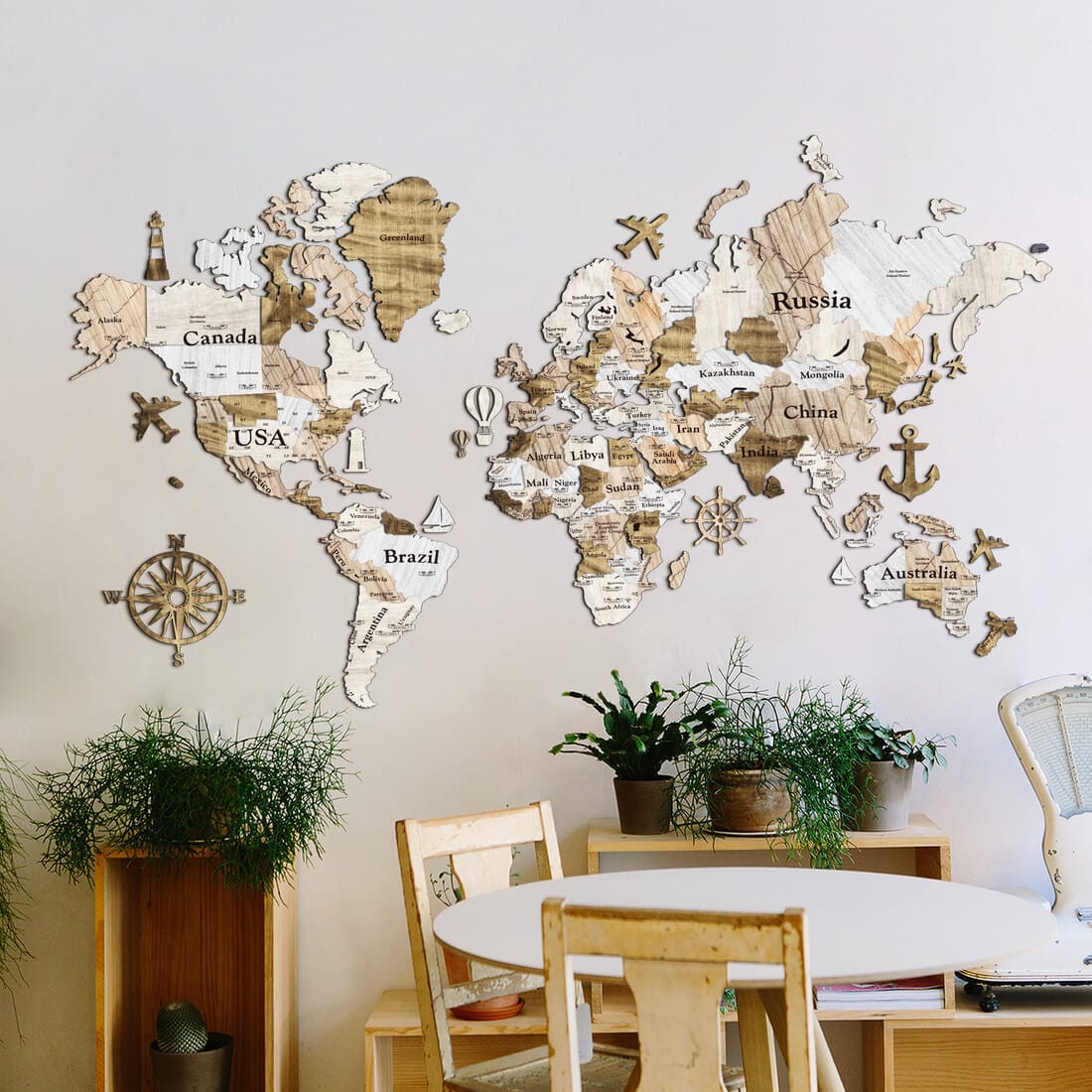 3D Colored Wooden World Map (Standart) - White Wood