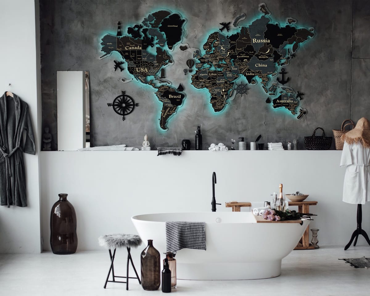 3D LED Wooden World Map Standart - Dark Grey