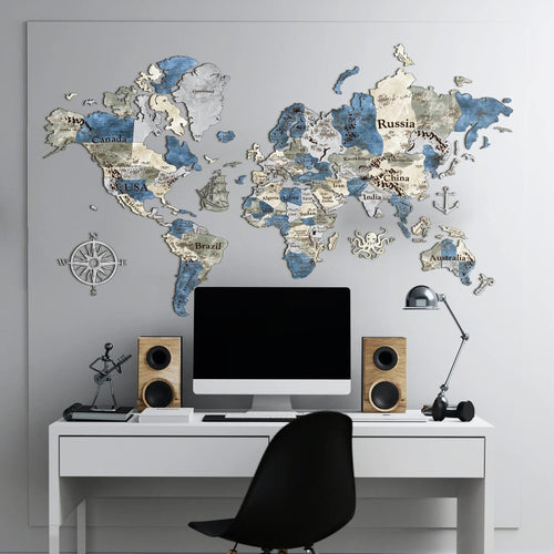 3D Wooden World Map (Perfect World) - Blue & Grey – JustLikeWood