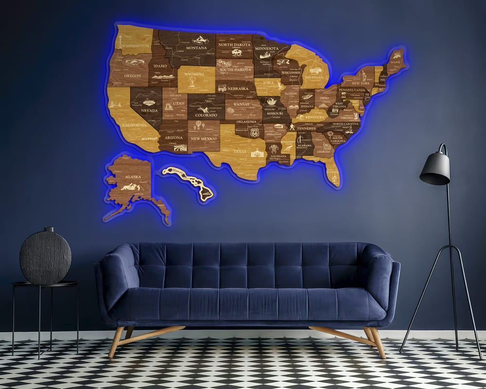 3D LED Map of USA Prime - Oak & Cypress