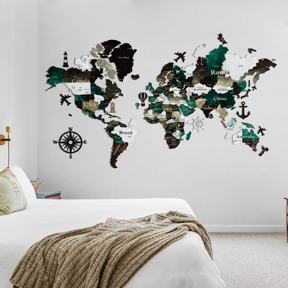 3D Colored Wooden World Map (Standart) - Emerald Green