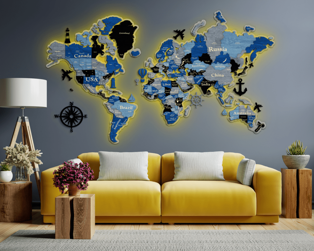 3D LED Wooden World Map Standart - Blue & grey